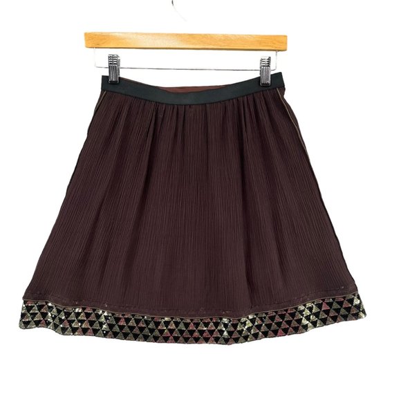 Rozae Nichols Silk Mini Skirt Brown Pleated Gold Accent Pull On Size 2 - Picture 2 of 13